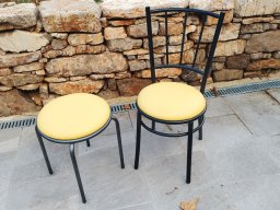 20221012 Tapisserie d'ameublement - Réfection d'un couple chaise & tabouret en cuir jaune (IMG_184529)